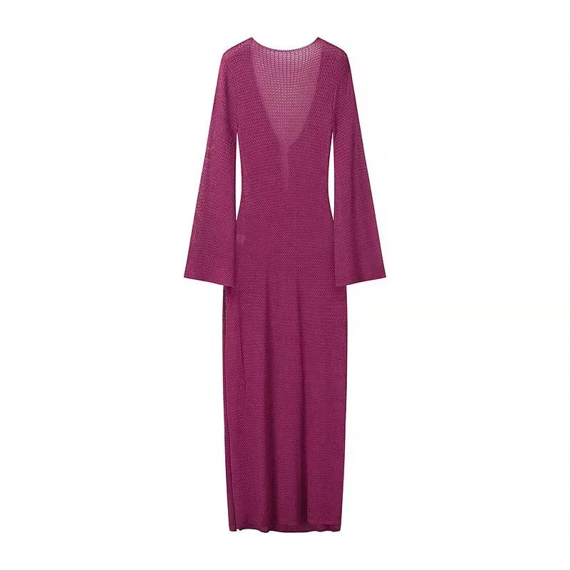 Sexy Hollow Out Metal Ring Buckle Splicing Knit Women Maxi Dress Chic Full Sleeve High Waist Long Dresses Lady Beach Party Robes