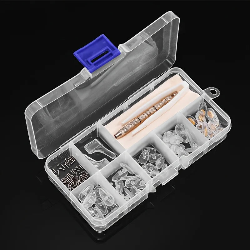1Set Eyeglass Repair Kit Includes Nose Pads Ear Hooks Cloth Tweezers Screwdriver Screws Disassembly Tool Set for DIY Maintenance