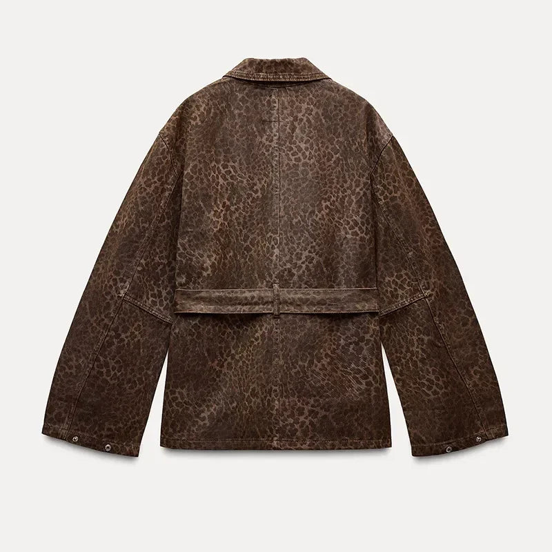 Leopard Printed Denim Single Breasted Belt Women's Coat Fashion Lapel Long Sleeve Short Jacket Fall New Lady Highstreet Outwear