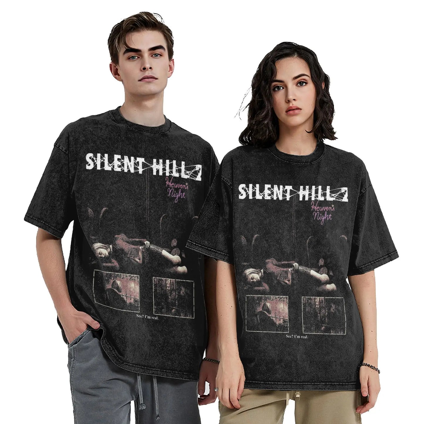 Washed T Shirts Horror Silent Hill Heavens Night Hip Hop T-Shirt Street  Streetwear Short Sleeve Printed Tops Tees Men Women