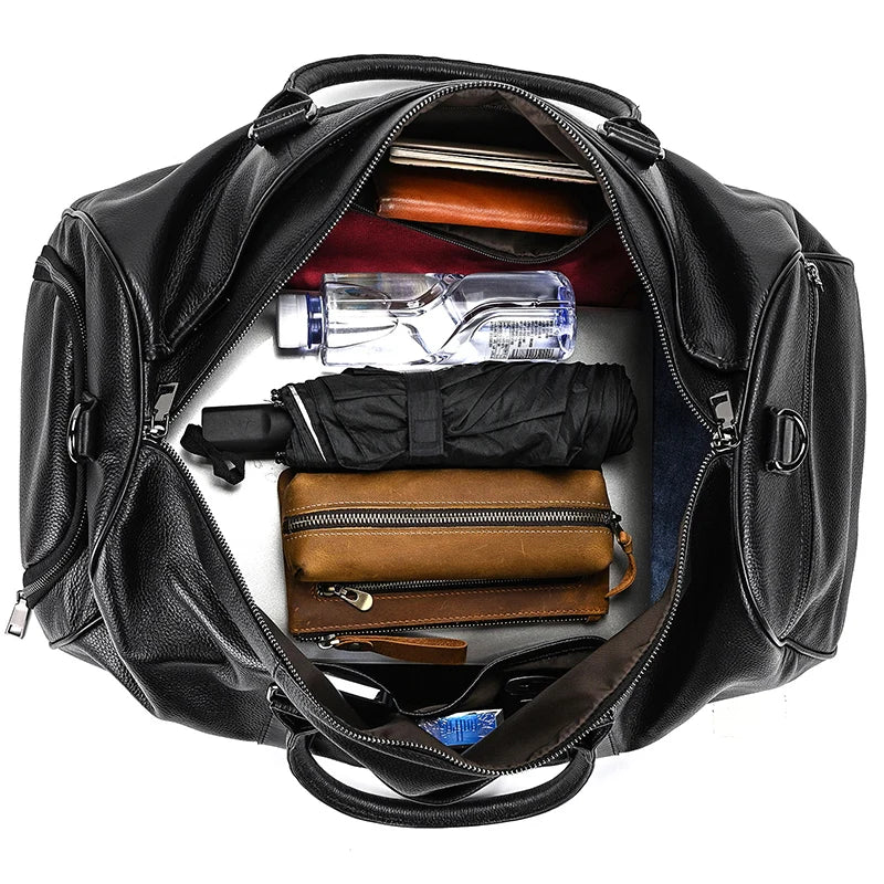 Sac de voyage en cuir véritable de grande capacité pour hommes et femmes, en cuir de vache noir souple, polochon de voyage décontracté, grand sac à bandoulière pour week-end