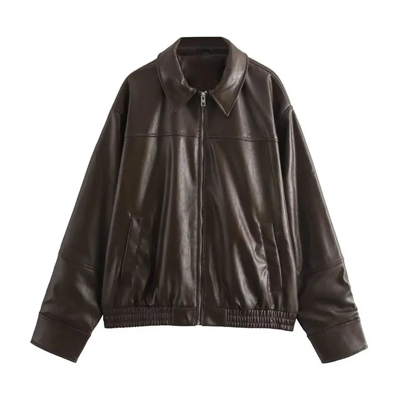 PU Leather Jacket For Women Zipper Turn-down Collar Loose Fashion Coat Luxury Brown 2025 Spring Street Motorcycle Overcoat Top