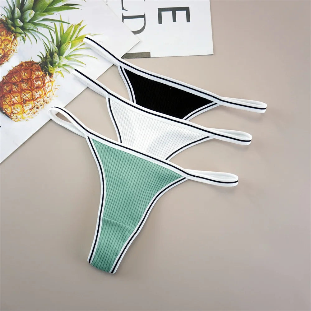 3Pcs 100% Cotton Breathable G-String Erotic Lingerie Women Thongs Stretch Thin-belt Solid Low Waist T-back Panties Seamless