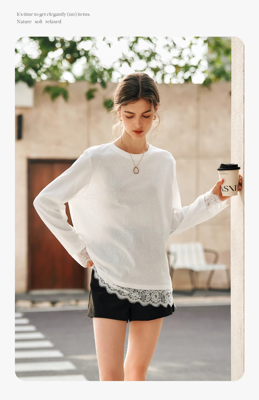 OLrain Cotton White T-shirt Women 2025 Autumn Casual Loose Tee Shirt Crewneck Lace Long Sleeve Tops Woman Clothing N57CT95669