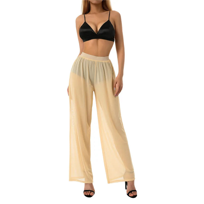 Women See Throug Mesh Cover up Pants Swimsuit Bikini Bottom Cover up Elastic Waist Loose Wide Leg Long Palazzo Pants Trousers