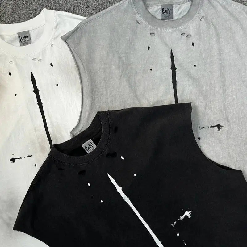 Vintage Washed Saint Sleeveless Tank T-shirts Oversize Men Woman Good Quality Black White Grey Hole Old Summer Streetwear