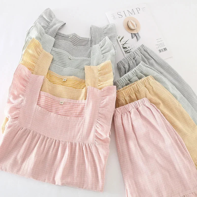 Newest Summer Cotton Double-layer Gauze Women's Pajamas Thin Sleeveless Vest Style Tops with Shorts Home Outfit Set