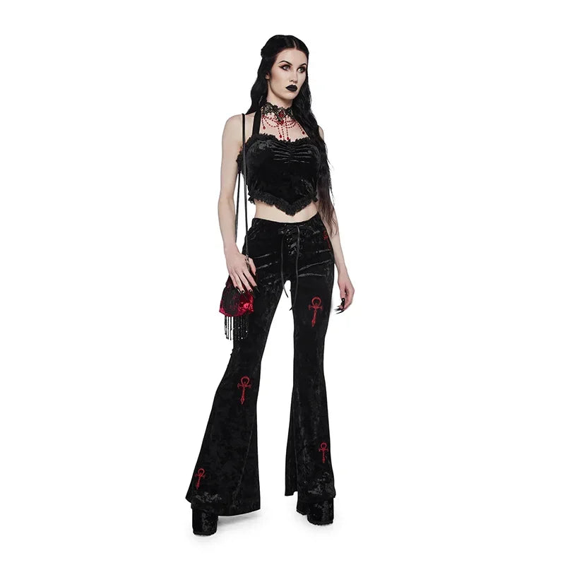 Harajuku Fashion Cross Embroidery Soft Long Pant Velvet High Waist Flare Pants Women Autumn Mall Gothic Slim Trousers