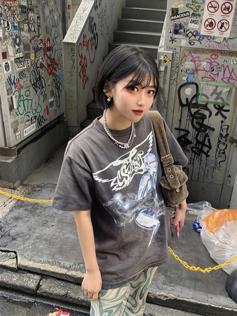 Vintage Series Saint Round Neck Sexy Robot Printed Casual High Quality Oversized T Shirt Harajuku Streetwear Men