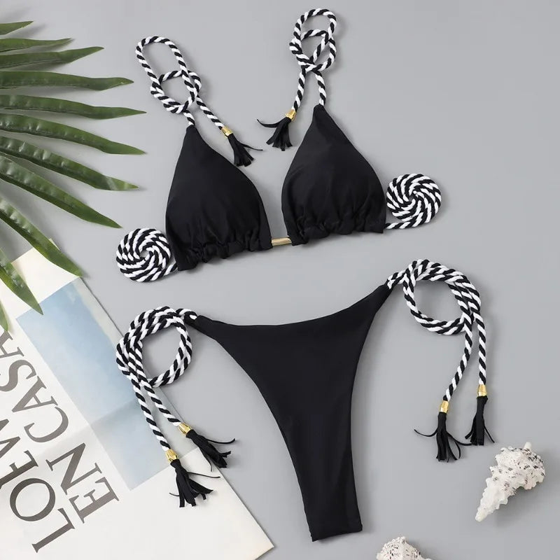 Women Bikini Rope Triangle Swimsuit Multicolor Sexy Low Waisted Bikini Set Swimsuit Swimwear Women BeachwearBrazilian biquini