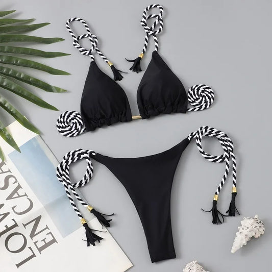 Women Bikini Rope Triangle Swimsuit Multicolor Sexy Low Waisted Bikini Set Swimsuit Swimwear Women BeachwearBrazilian biquini