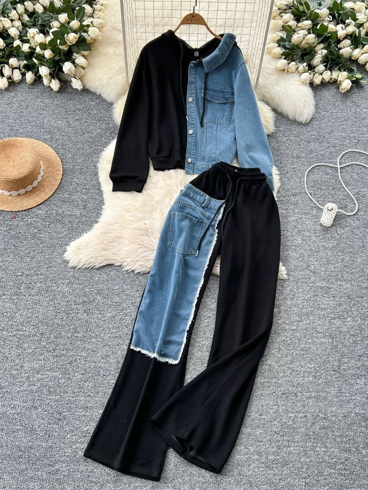 Pant Set Women Two Piece Sets Hooded Matching Sets Casual Loose Tops Wide Leg Long Pants Elastic Waist Lace Up Splice Denim 2025