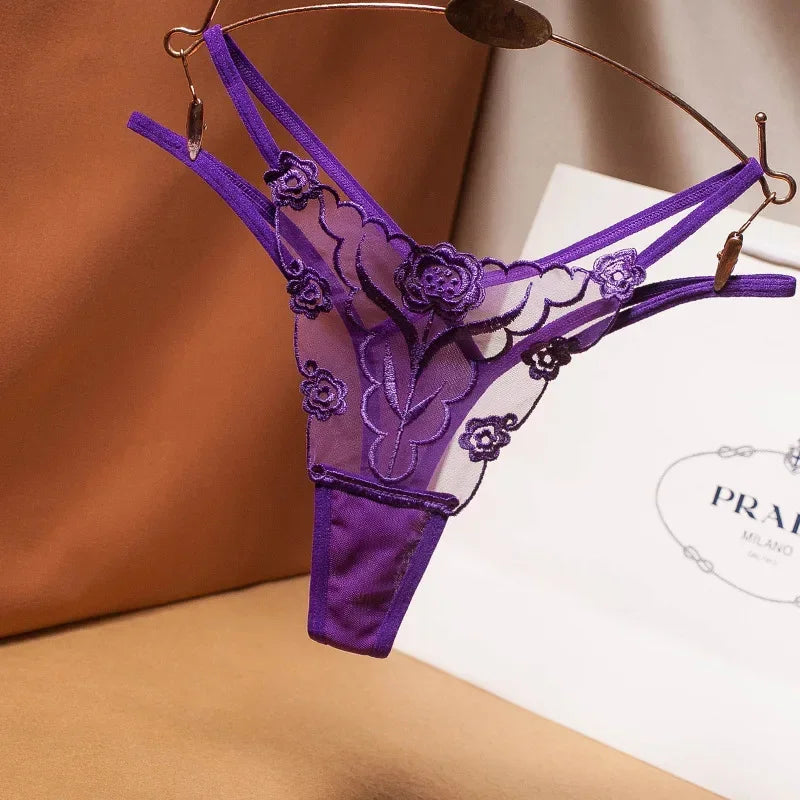 New Women Sexy Embroidered Ladies Thong Transparent Mesh Florid Strap Temptation Low Waist Panties Female Hot T Pants Large Size