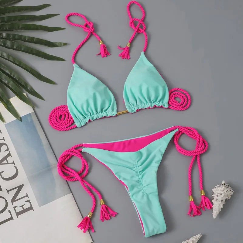 Women Bikini Rope Triangle Swimsuit Multicolor Sexy Low Waisted Bikini Set Swimsuit Swimwear Women BeachwearBrazilian biquini