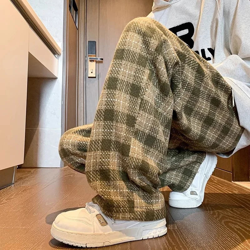 New Y2K Vintage Plaid Baggy Pants Men's High Street Woolen Straight-leg Trousers Autumn Korean Fashion Hip Hop pantalones hombre