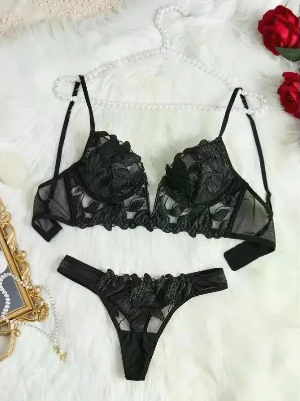 Fairy Lingerie Floral Valentine Charming Brief Panty Underwear Sexy Nighty Fancy V Underwear Brief Set for Lady  See Through Bra