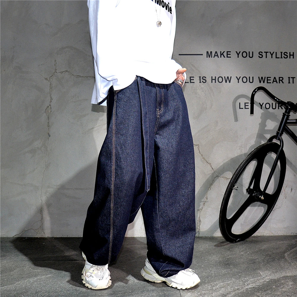 Mens American High Street Baggy Jeans Navy Blue Premium Denim Wide Leg Straight Loose Fit Korean Streetwear Trendy Pants Male