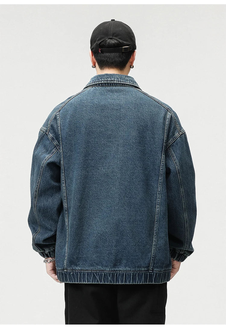 2023 Autumn Men's Denim Jacket Vintage Large Pocket Elastic Cuffs Baggy Coat Oversized Japanese Casual Streetwear 4XL 5XL