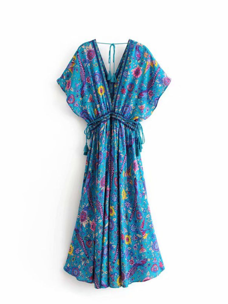 Robe Maxi Vintage Chic pour Femme, Imprimé Floral Paon, Manches Chauve-Souris, Bohème, Col en V, Pompon, Plage, Été