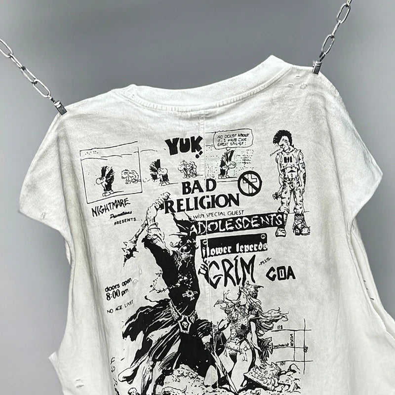 Hip Hop Vintage Washed Black Damaged Hole Tank Men Women Top Quality Cotton Oversized Saint Vest Stitching Sleeveless T Shirt