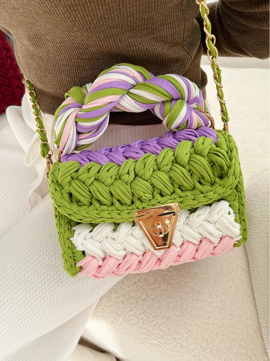 New Handmade Woven Women's Crossbody Bags Thread Hook Knitted Shoulder Bag Colorful Strip Chains Bags for Women Small Purses