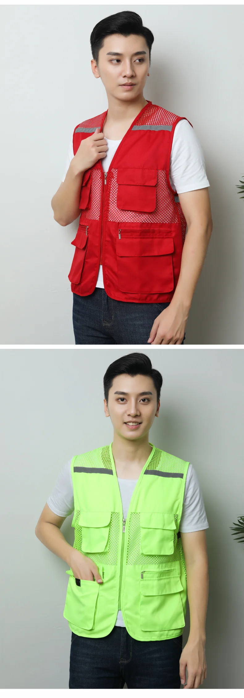 Customized construction site defense worker labor clothing reflective mesh breathable vest with multiple pockets vest