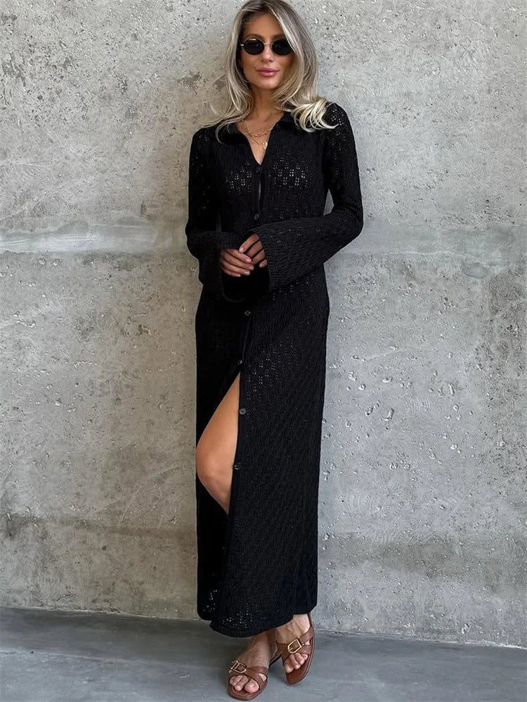 Tossy Elegant Knitwear Hollow Out Long Dress Cardigan For Women V-Neck Patchwork See-Through Loose Beach Dress Knit Female Dress