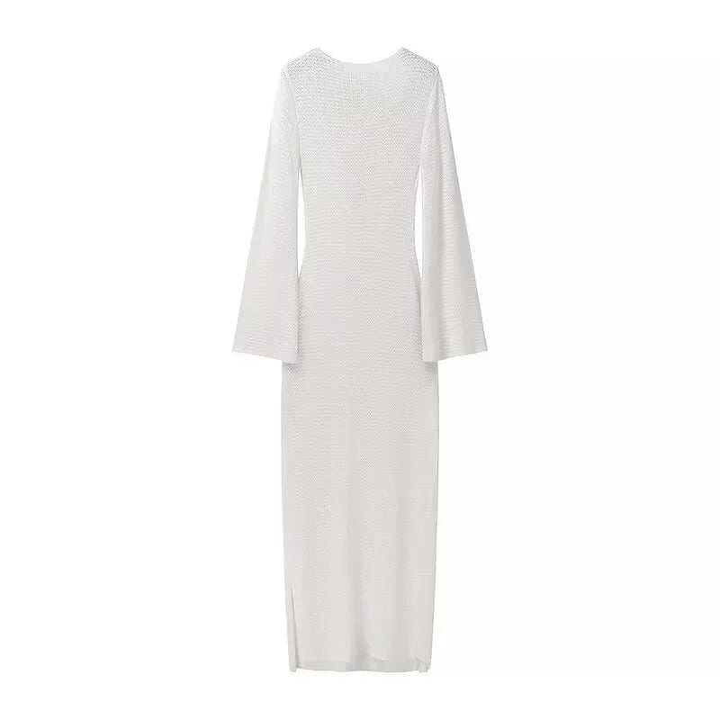 Sexy Hollow Out Metal Ring Buckle Splicing Knit Women Maxi Dress Chic Full Sleeve High Waist Long Dresses Lady Beach Party Robes