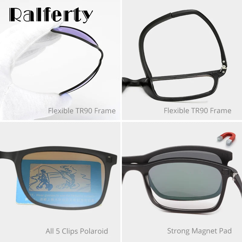 Ralferty – lunettes de soleil polarisées pour hommes et femmes, 5 en 1, Clip magnétique, lunettes de vue TR90, Prescription optique, montures, Clips magnétiques