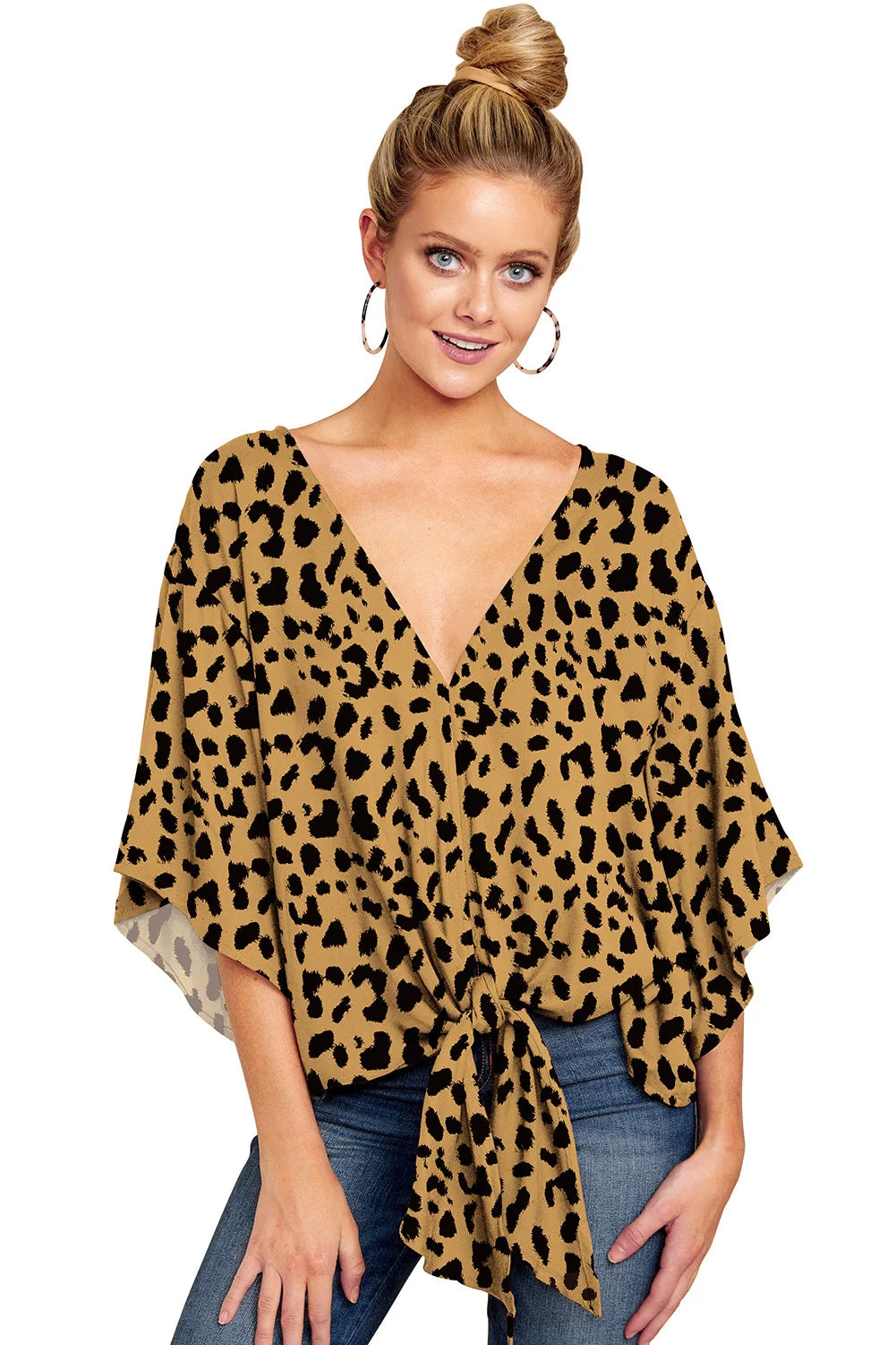 Spring Summer 2024 New Women's Shirt Sexy V-neck Short Sleeved Fashionable Printed Knot Printed  Sleeve Top