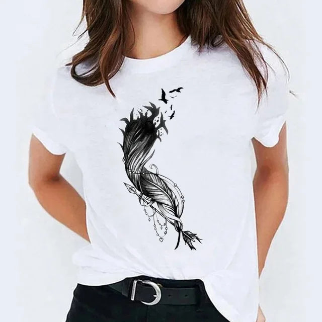 Casual round Neck Short Sleeve White T-Shirt Women's Fashion Harry Potter Print Top Base Shirt Floral Patchwork Chinese Origin