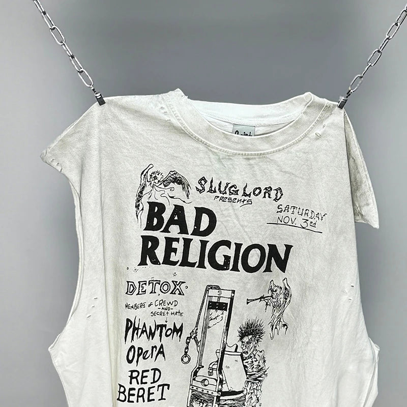 Hip Hop Vintage Washed Black Damaged Hole Tank Men Women Top Quality Cotton Oversized Saint Vest Stitching Sleeveless T Shirt