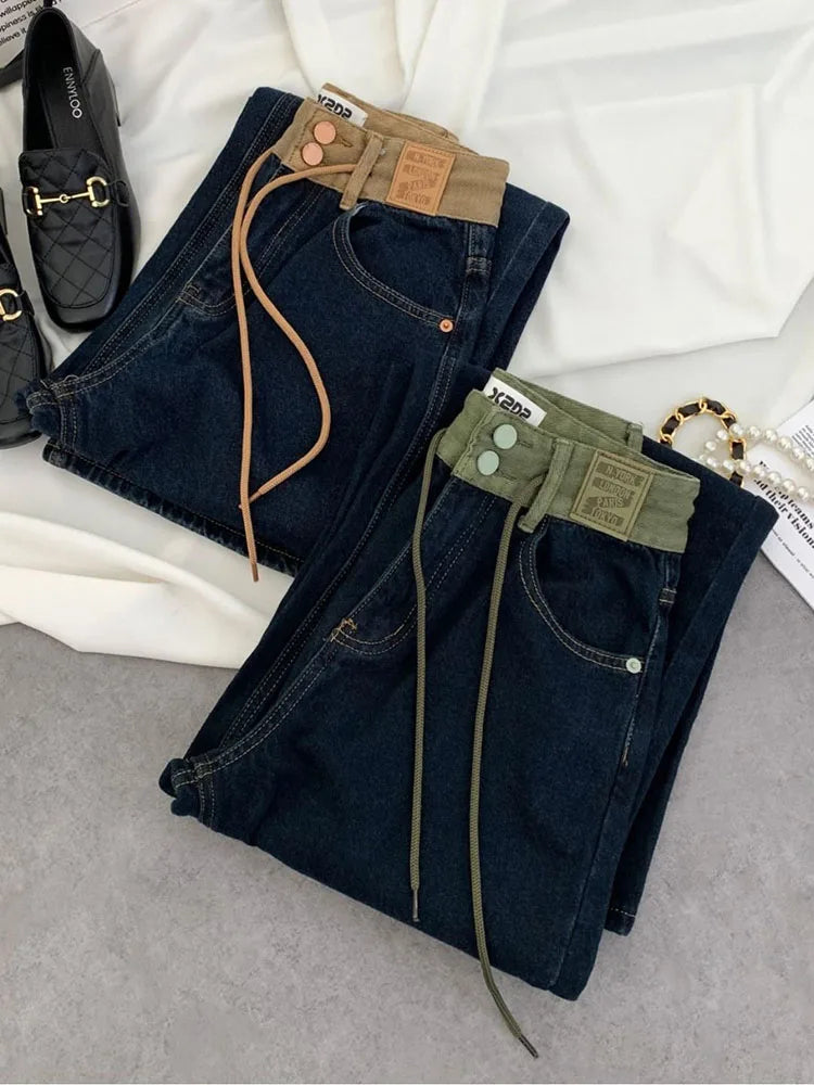 Korean Design Drawstring Baggy Straight Jeans Women Vintage Casual High Waist Wide Leg  Denim Pants Streetwear Loose Vaqueros