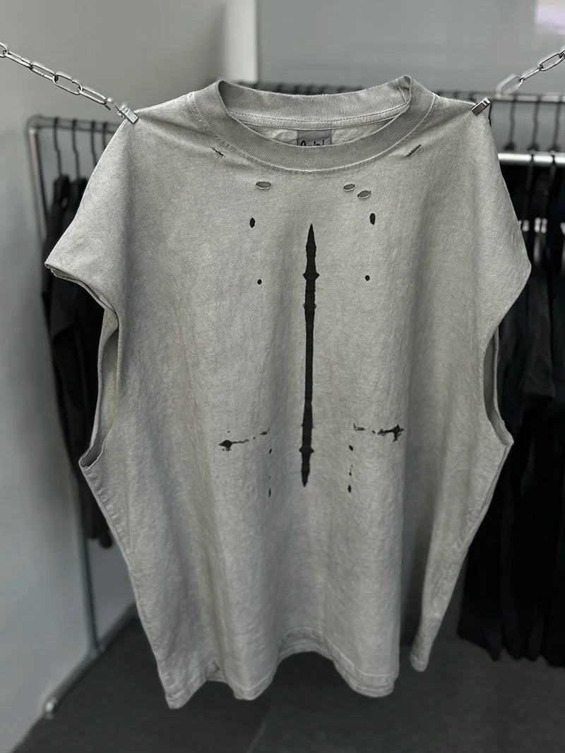 Vintage Washed Saint Sleeveless Tank T-shirts Oversize Men Woman Good Quality Black White Grey Hole Old Summer Streetwear