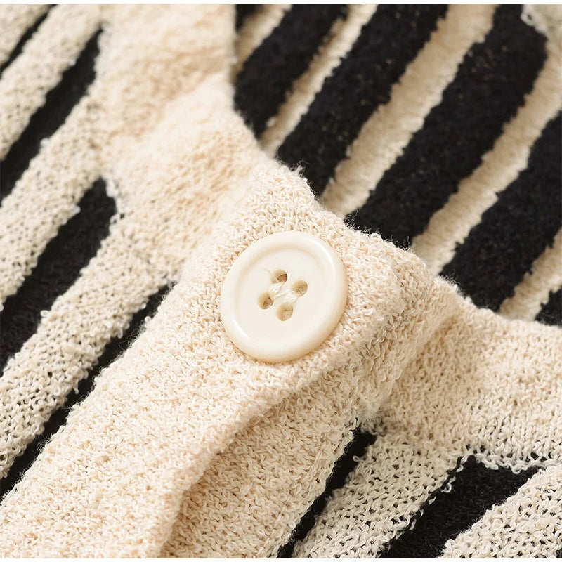 Chic Striped Knitted Button Set Women Elegant Round Neck Short Sleeved Slim Fit Two-piece Suit 2025 New Summer Holiday Outfits