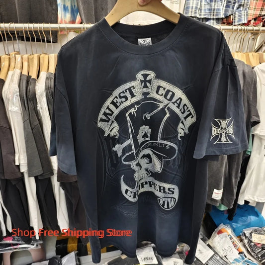 Vintage West Coast Choppers Printed T-Shirt Men's 100% Cotton Breathable Retro Biker Style Loose Fit Casual Streetwear