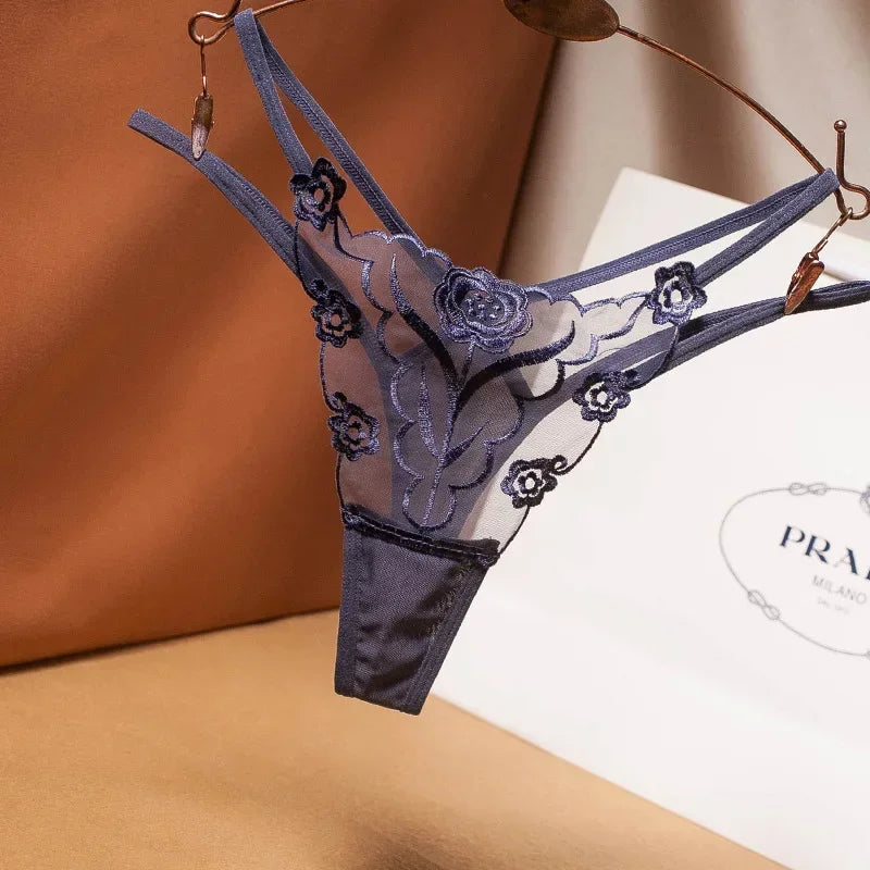 New Women Sexy Embroidered Ladies Thong Transparent Mesh Florid Strap Temptation Low Waist Panties Female Hot T Pants Large Size