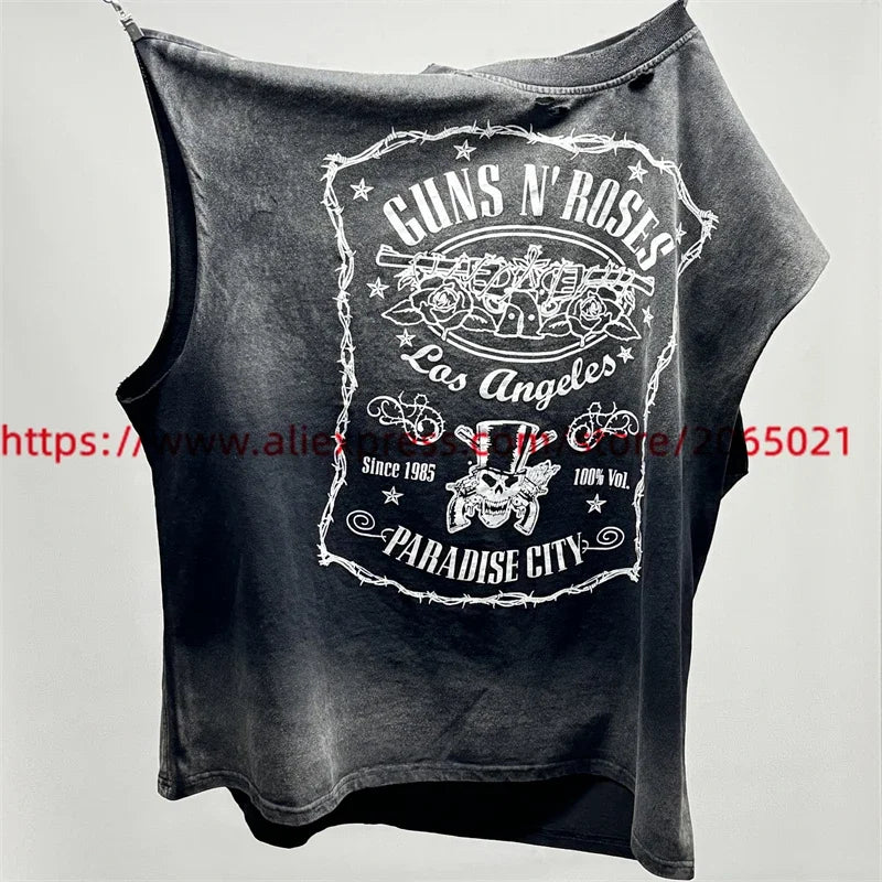 Vintage SAINT Guns N Roses Washed T-Shirts High Quality Dirty Soil Spray Hand Worn Tank Top T Shirt Tee Tops