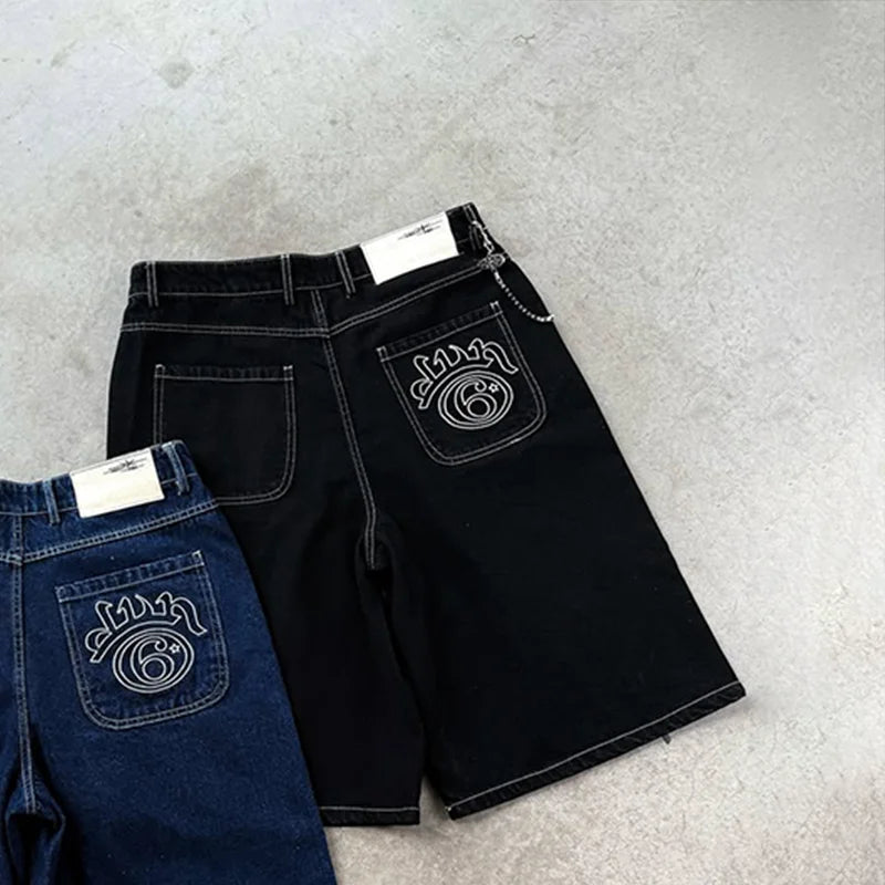 Y2K Fashion Retro Jeans High Quality White Embroidery Logo Casual Loose Denim Shorts Men Women Punk Rock High Waist Streetwear