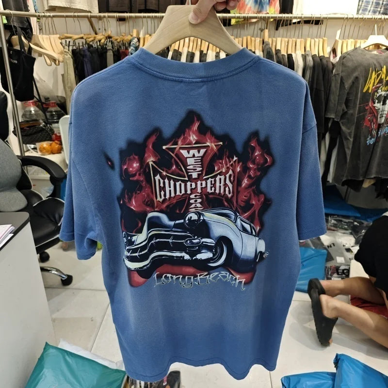 Vintage West Coast Choppers Printed T-Shirt Men's 100% Cotton Breathable Retro Biker Style Loose Fit Casual Streetwear