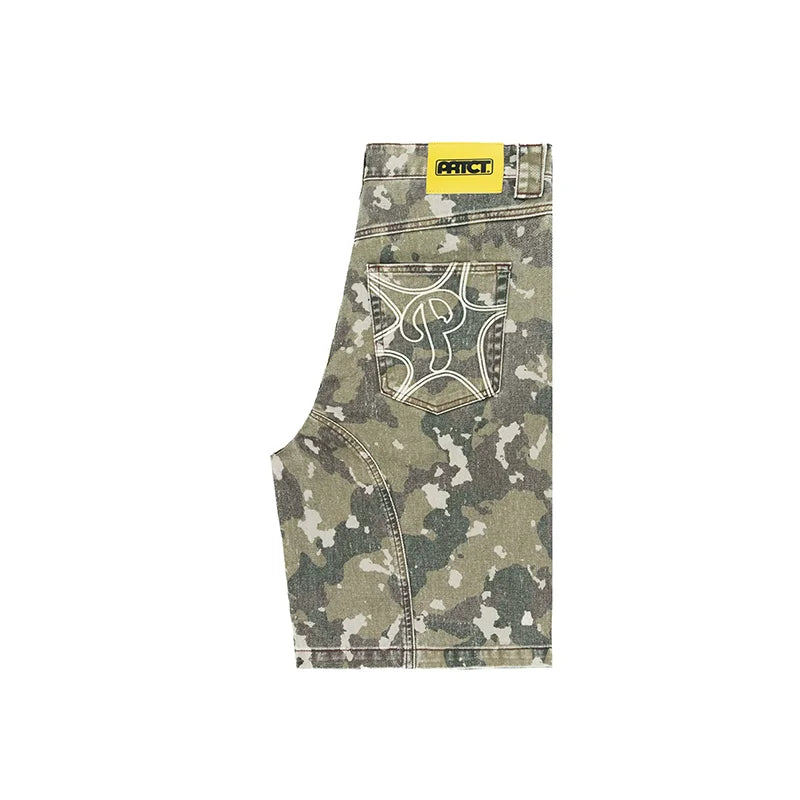 Y2K Washed Distressed Jeans Fashion Geometric Embroidery Camouflage Pattern Denim Shorts Men Women High Quality Trend Streetwear