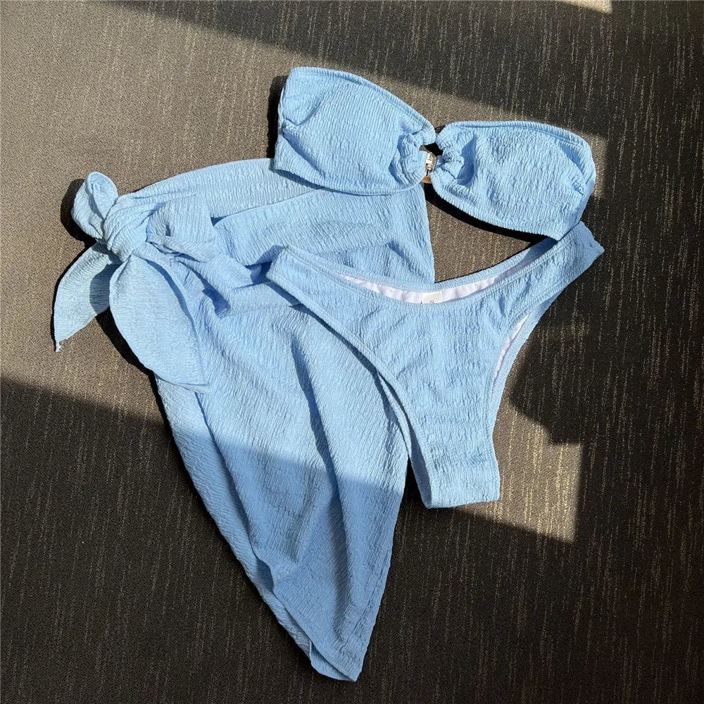 Light Blue Bandeau 3 Piece Bikini Set with Cover Up Texture Swimwear Sexy Swimsuit Women High Cut Bathing Suit Beachwear Bikinis