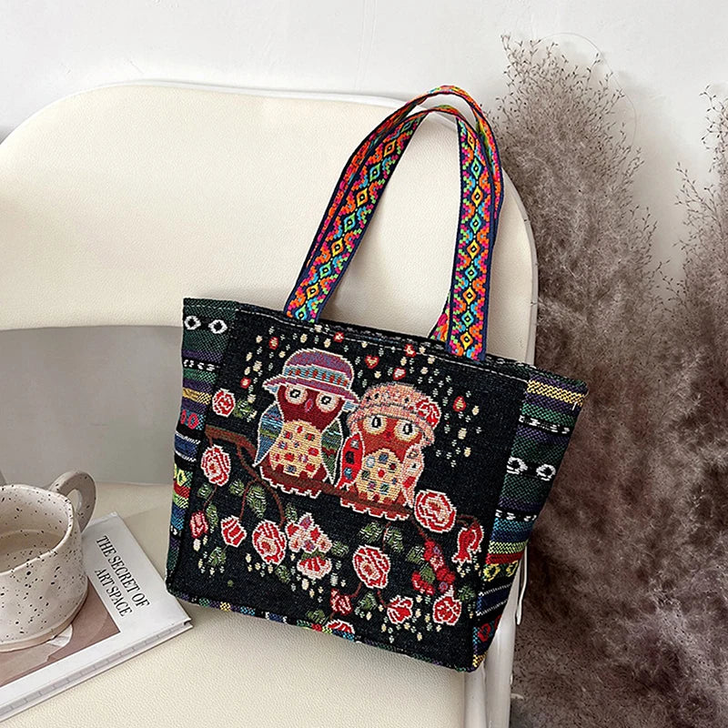 Animal Ethnic Style Handbag Trendy Elephant Embroidery Handbag Owl Canvas Women Shoulder Bags Women Tote Bag