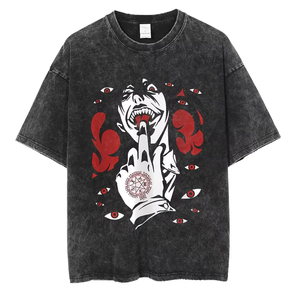 Anime Hellsing Alucard Graphic T Shirt Men Vintage Washed Manga T-shirts Short Sleeve Street Harajuku Casual Cotton Male Tops