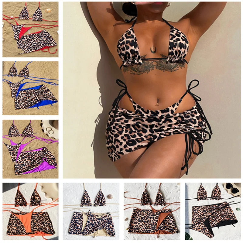Reversable Swimsuit 2025 New Summer 3pcs Set Leopard female Swimsuit Top Bottom bikinis Cover Ups Tong Biquinis Swiming Suit