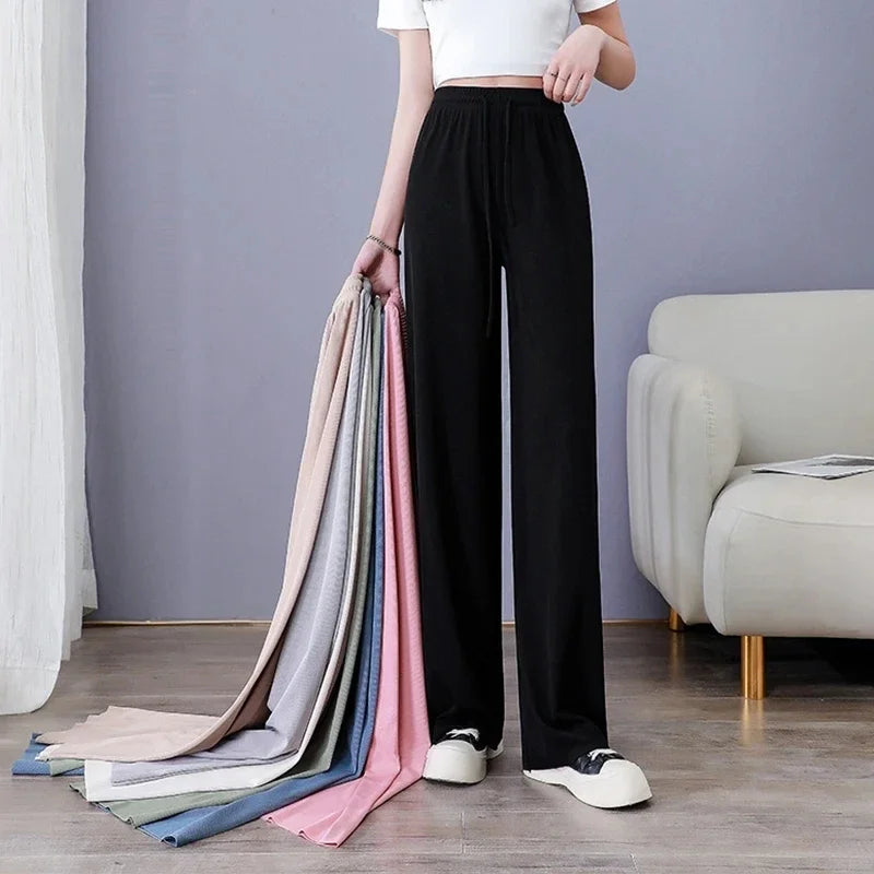 2025 Summer Thin Ice Silk Wide Leg Pants Women's Fashion Trendy Brand High Waist Comfortable Casual Loose Large Pants