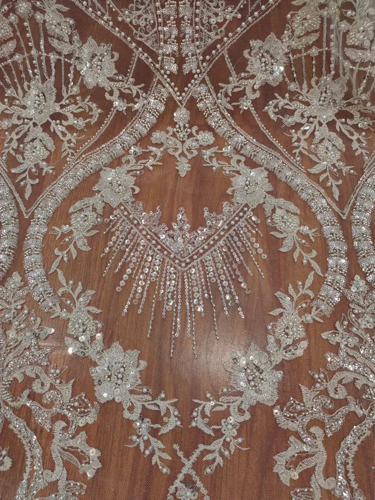High quality luxury embroidery lace mesh ivory silver bead sequins wedding dress DIY lace clothing accessories