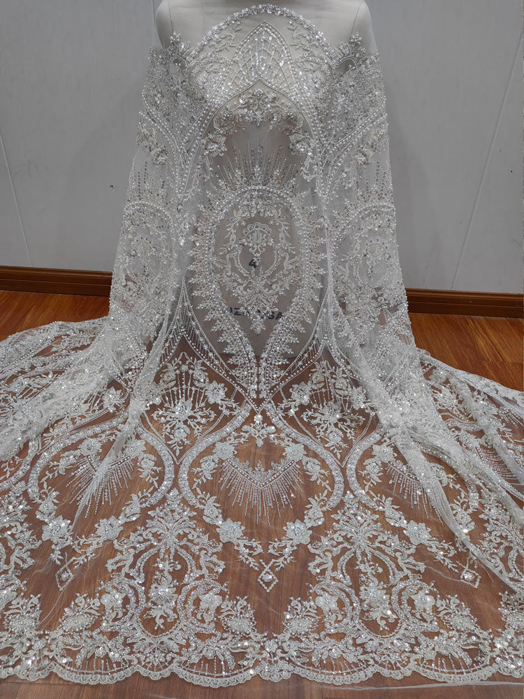 High quality luxury embroidery lace mesh ivory silver bead sequins wedding dress DIY lace clothing accessories