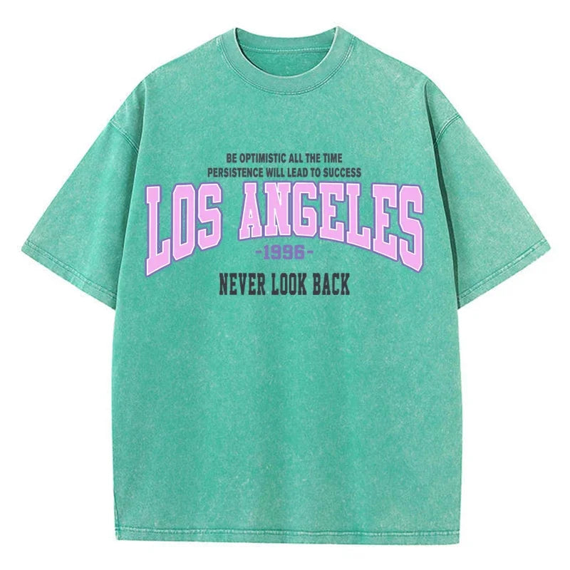 Cotton Washed T-Shirts Trend Distressed Loose Tees Los Angeles 1996 Printing Short Sleeve Summer  Clothes