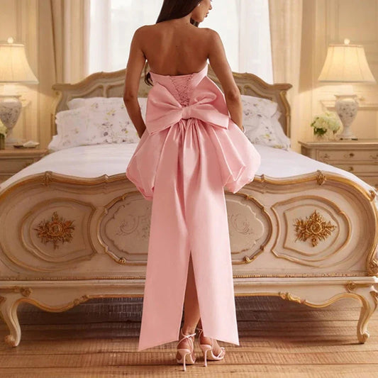 Women Evening Hollow Out Backless Solid Mini Party Dress Summer Ladies Sexy Bow Slim High Waist Holiday Temperament Dress 2025